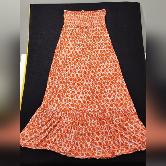 Michael Kors Dresses & Skirts - Michael Kors Women’s L Orange White Strapless Maxi Dress Ruffle Hem Summer